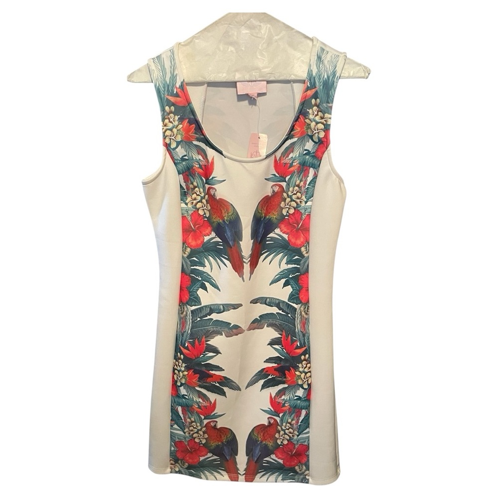 NWT (flaws) sleeveless white tropical bird print bodycon sheath mini dress M